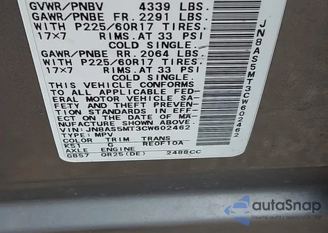 2012 Nissan Rogue Sv z USA, uszkodzony, nr VIN JN8AS5MT3CW602462